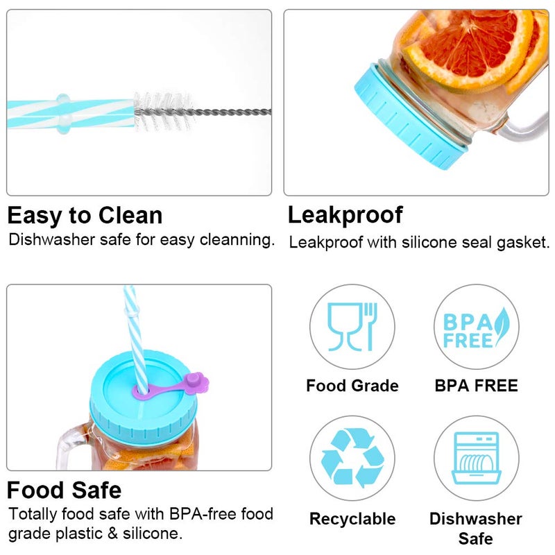 Qinline REGULAR Mouth Mason Jar Lids for Ball, Kerr, etc with Straw Hole/Straws/Silicone Stoppers/Rings/Clean Brush, BPA Free Colored Plastic Canning Jar Drinking Lids & Food Storage Caps 26 Pack - Image 3